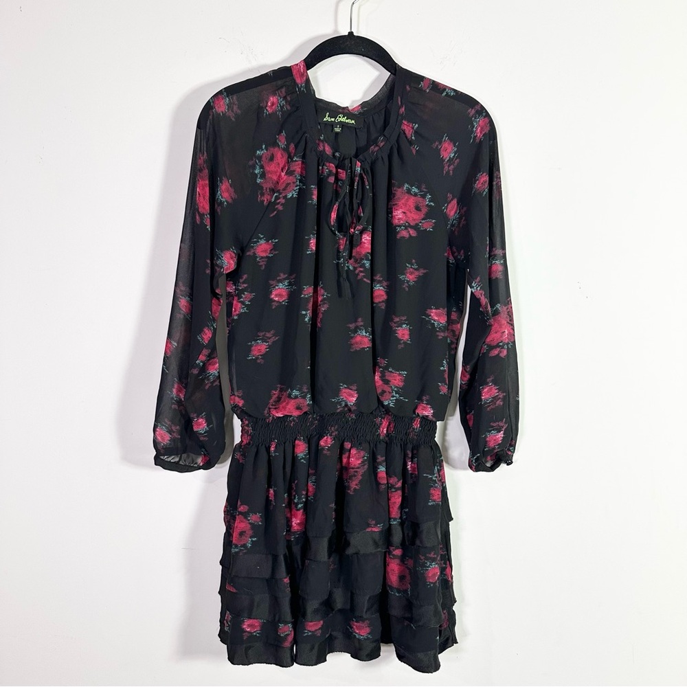 Sam Edelman Black Red Rose Floral Sheer Long Sleeve Elastic Waist Mini Dress